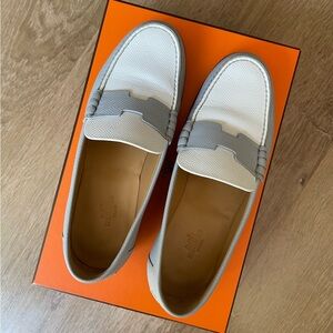 HERMES Kennedy Epsom Loafers - White & Light Blue - Size 37